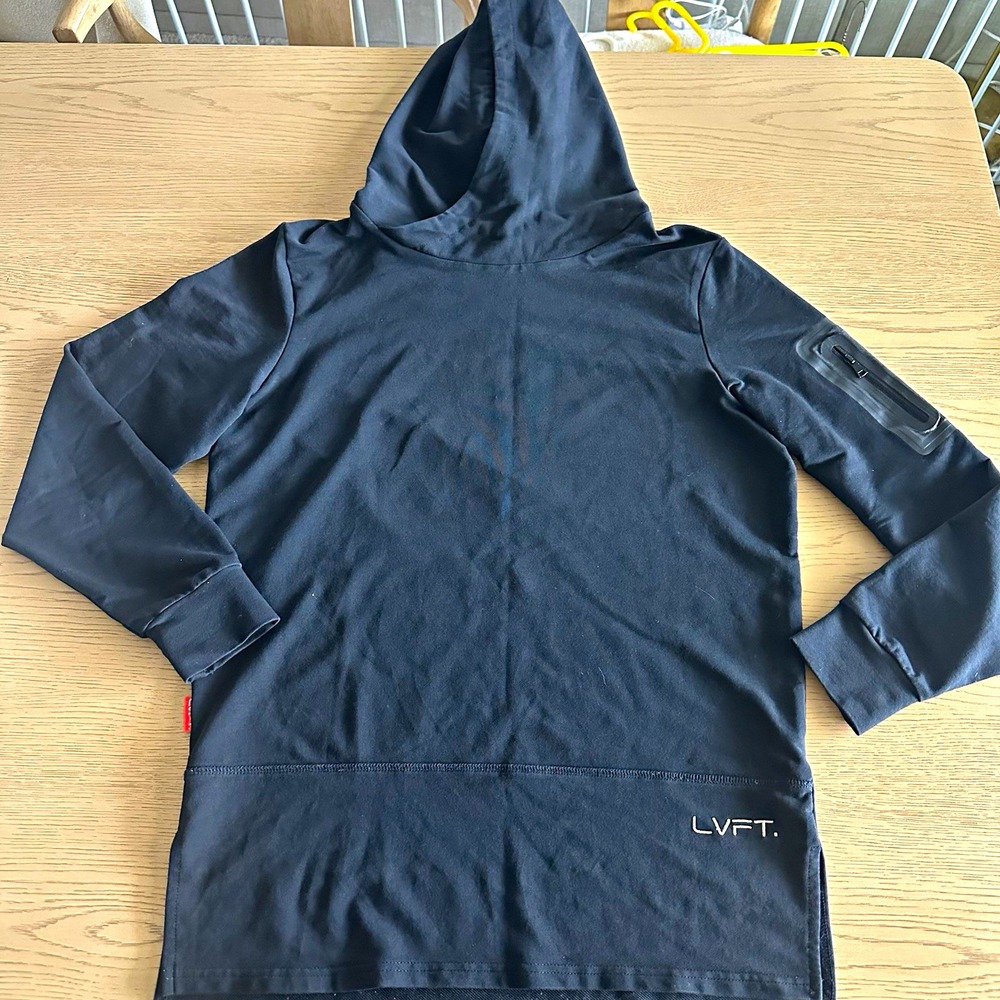 LVFT Mens M Black Cotton/Spandex Knit Pullover Hoodie Logo Zipper Pockets